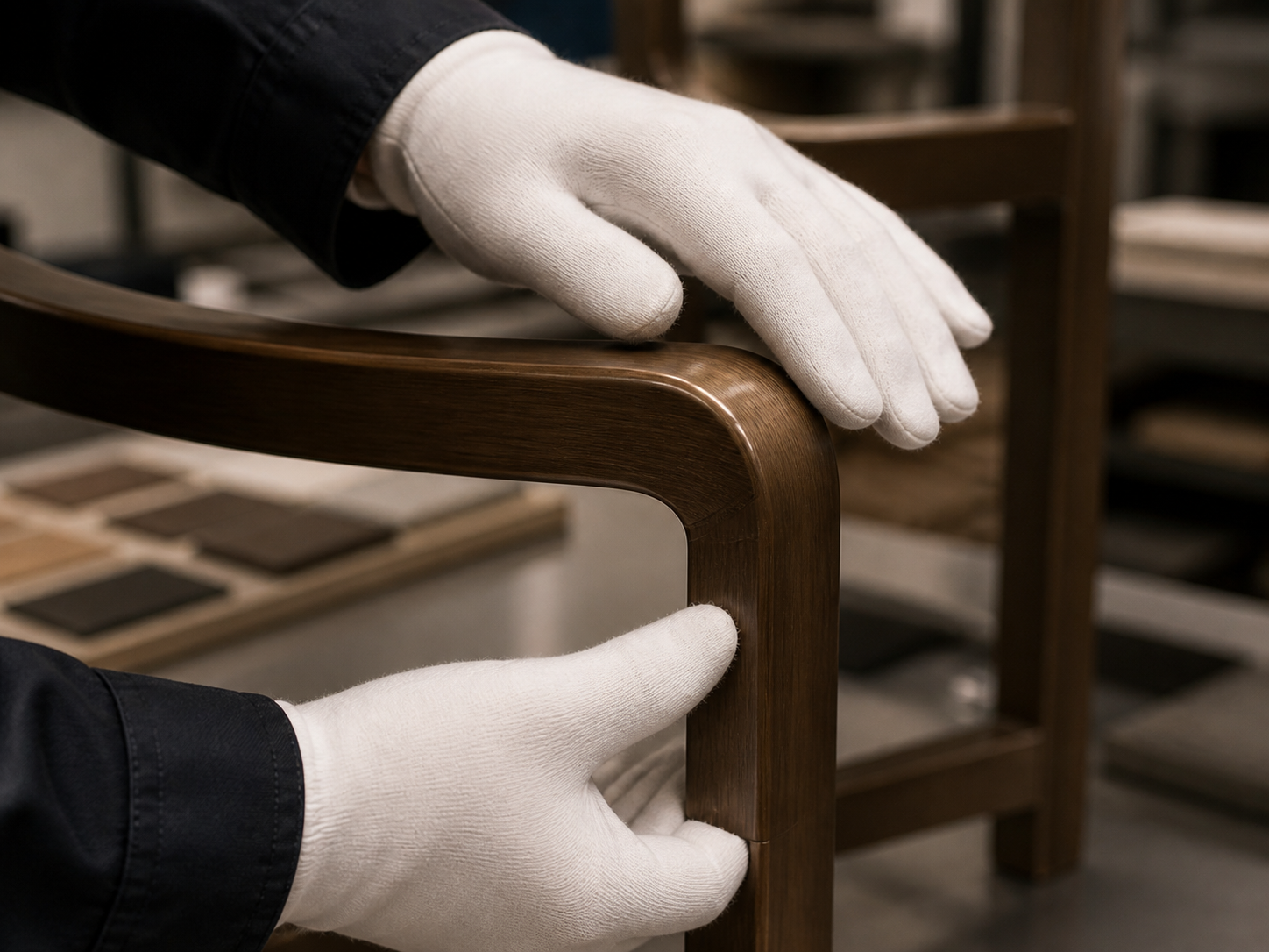 Quality inspector reviewing the finish of a commercial furniture frame