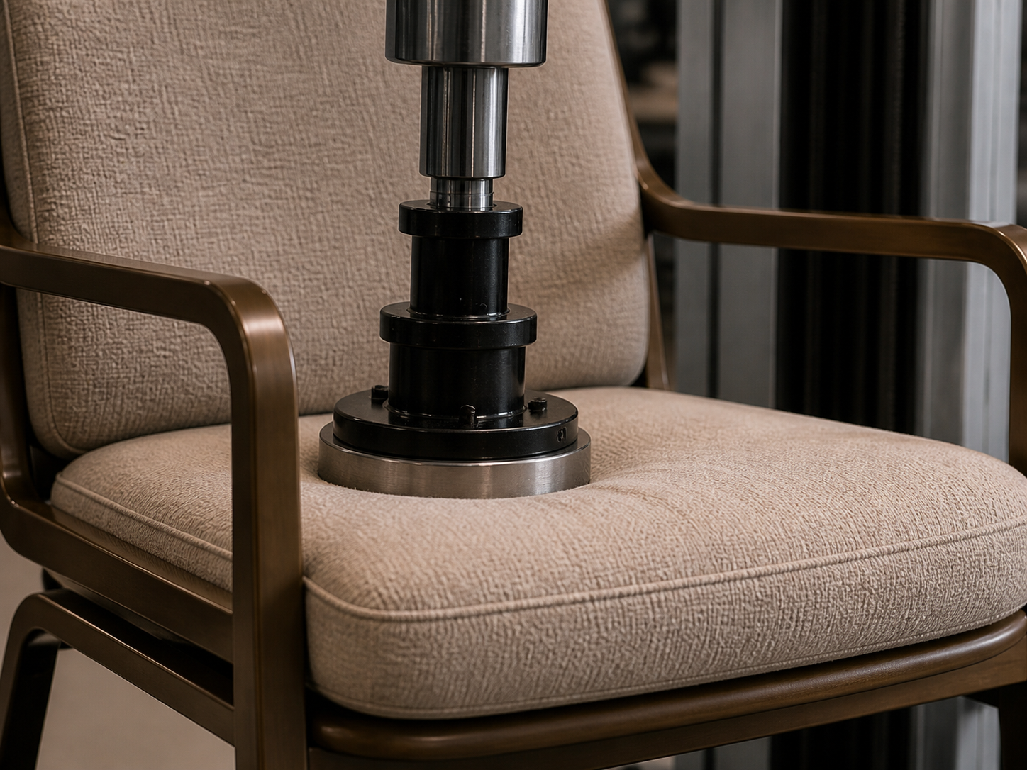 Compression test head applying load to an upholstered commercial dining chair seat
