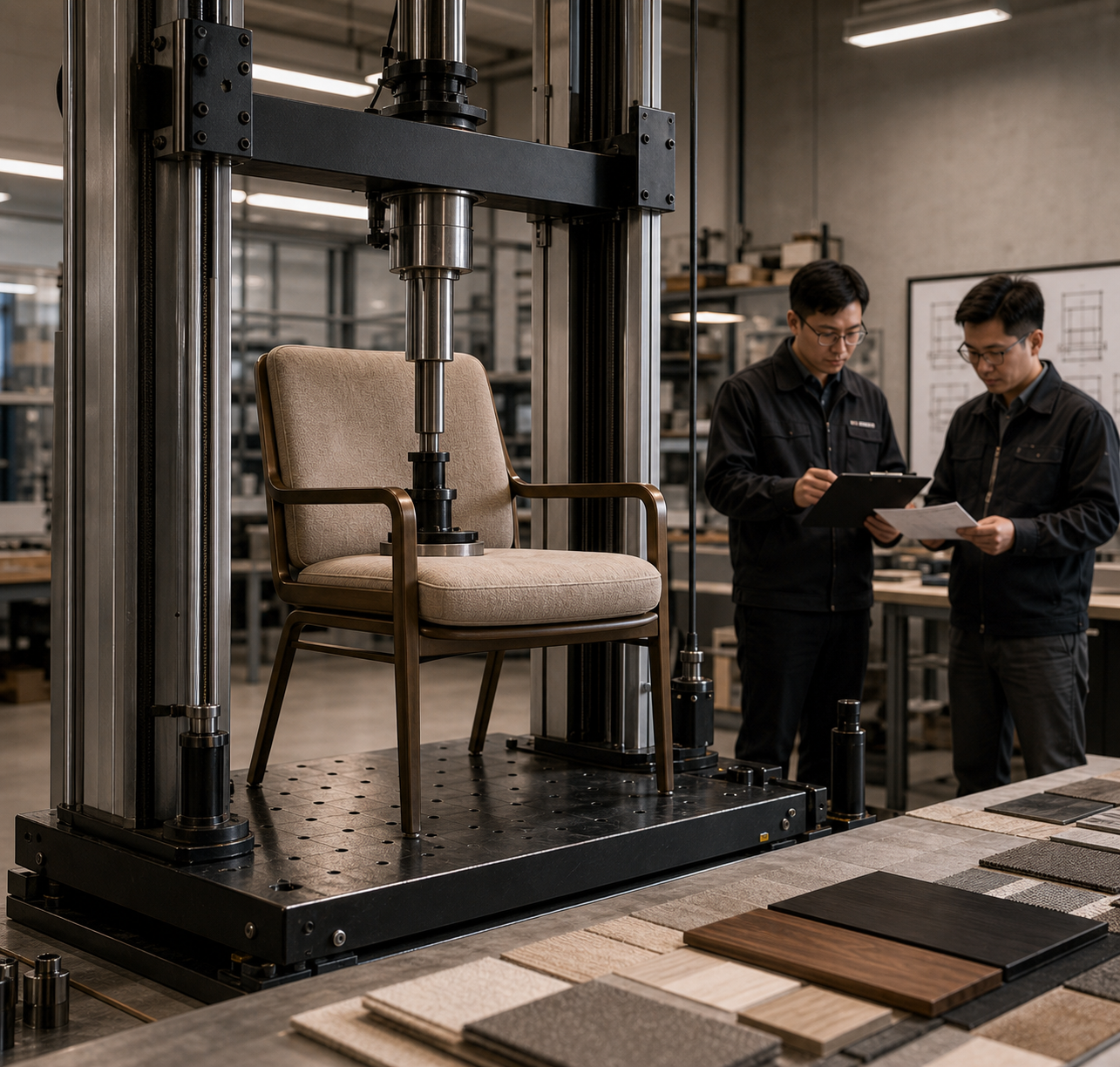 Commercial dining chair undergoing structural load testing at FUSHAN Furniture