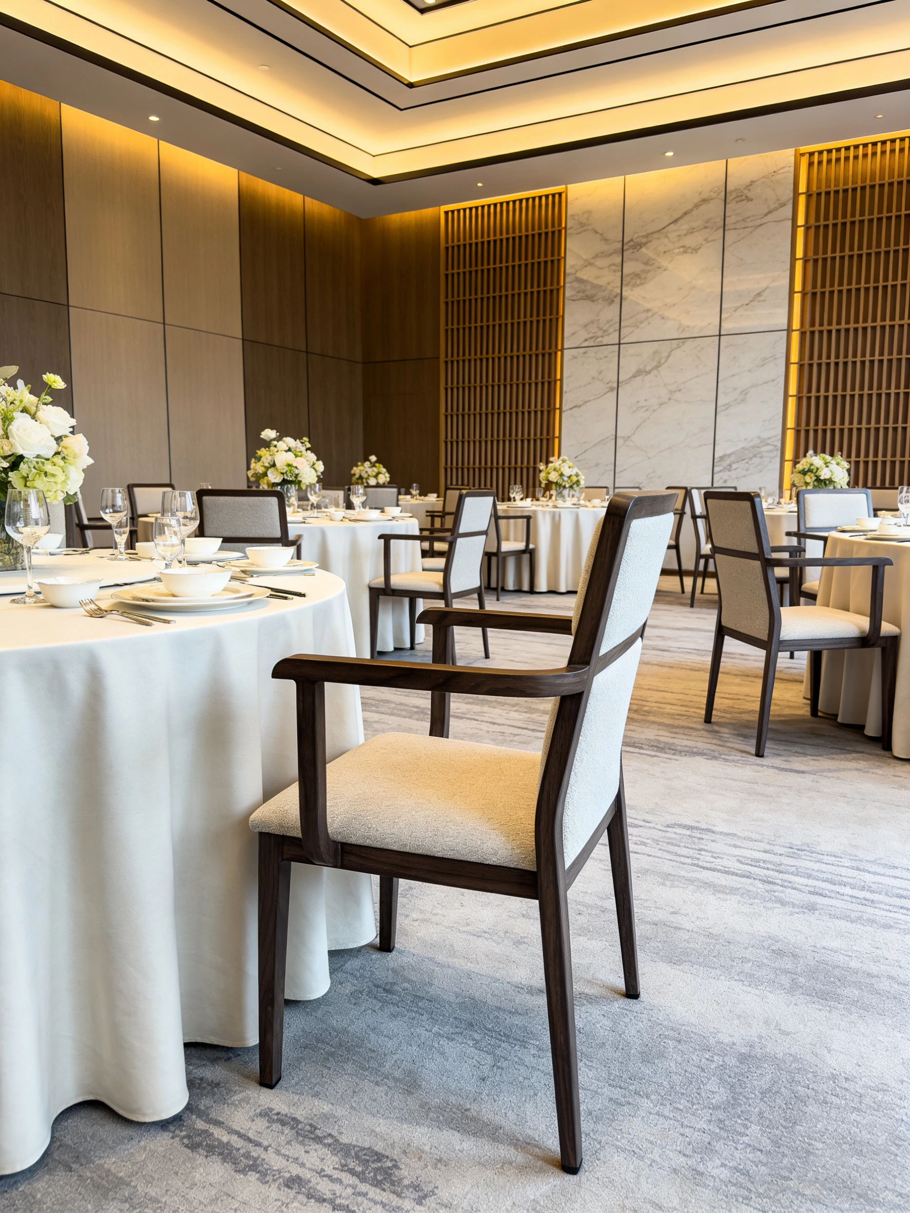 Banquet Armchair for Event Seating with Wood-Look Metal Styling application scene