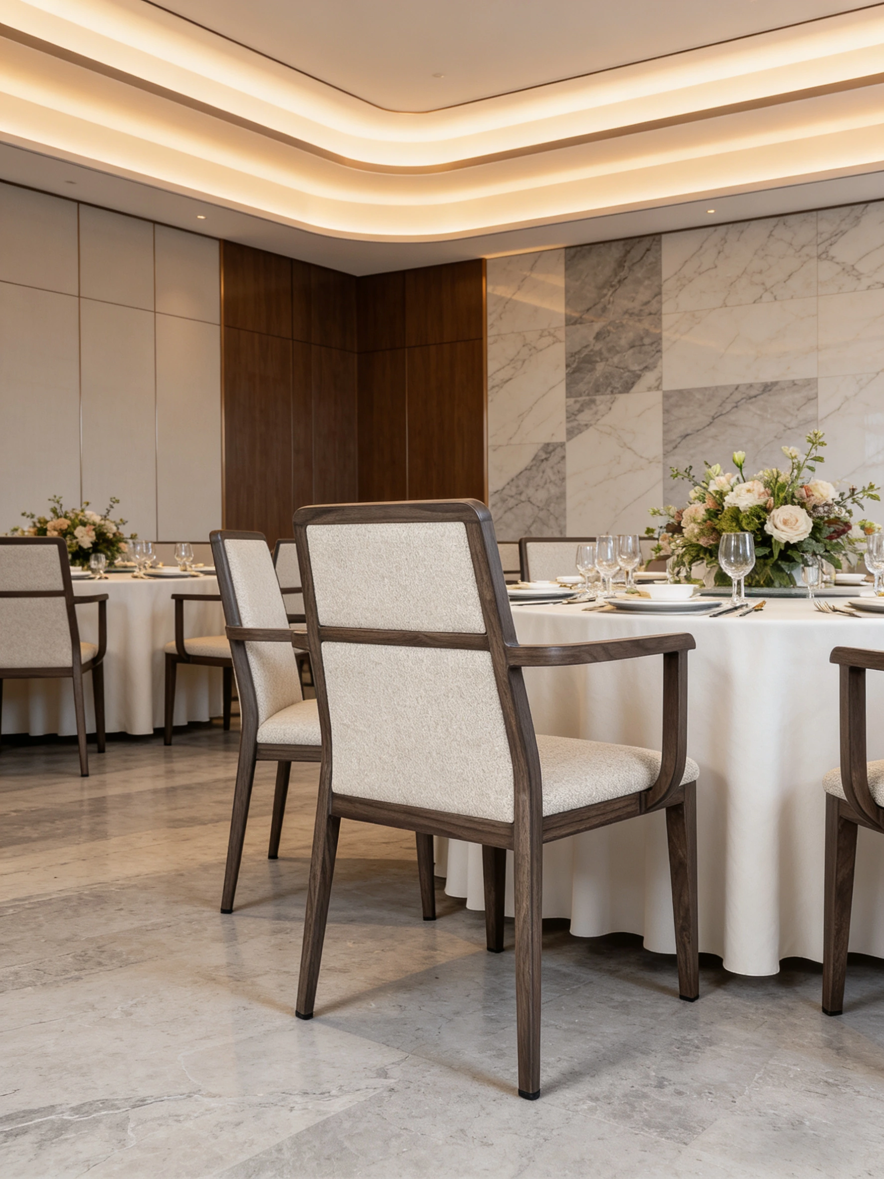Banquet Armchair for Event Seating with Wood-Look Metal Styling application scene