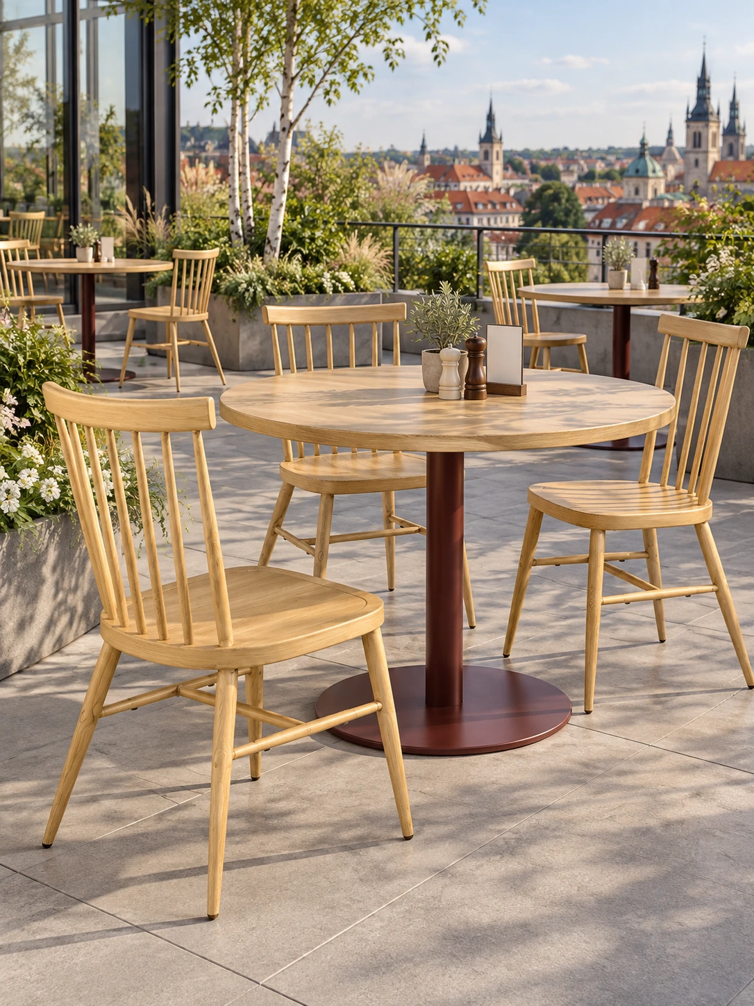 Stackable Wood-Look Metal Outdoor Dining Chair for Hotel Patios application scene
