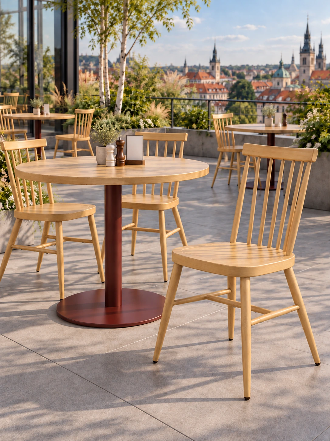 Stackable Wood-Look Metal Outdoor Dining Chair for Hotel Patios application scene