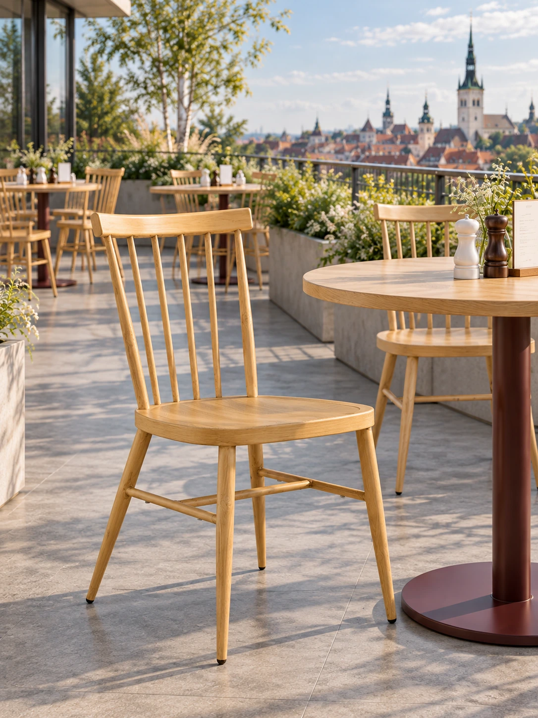 Stackable Wood-Look Metal Outdoor Dining Chair for Hotel Patios application scene