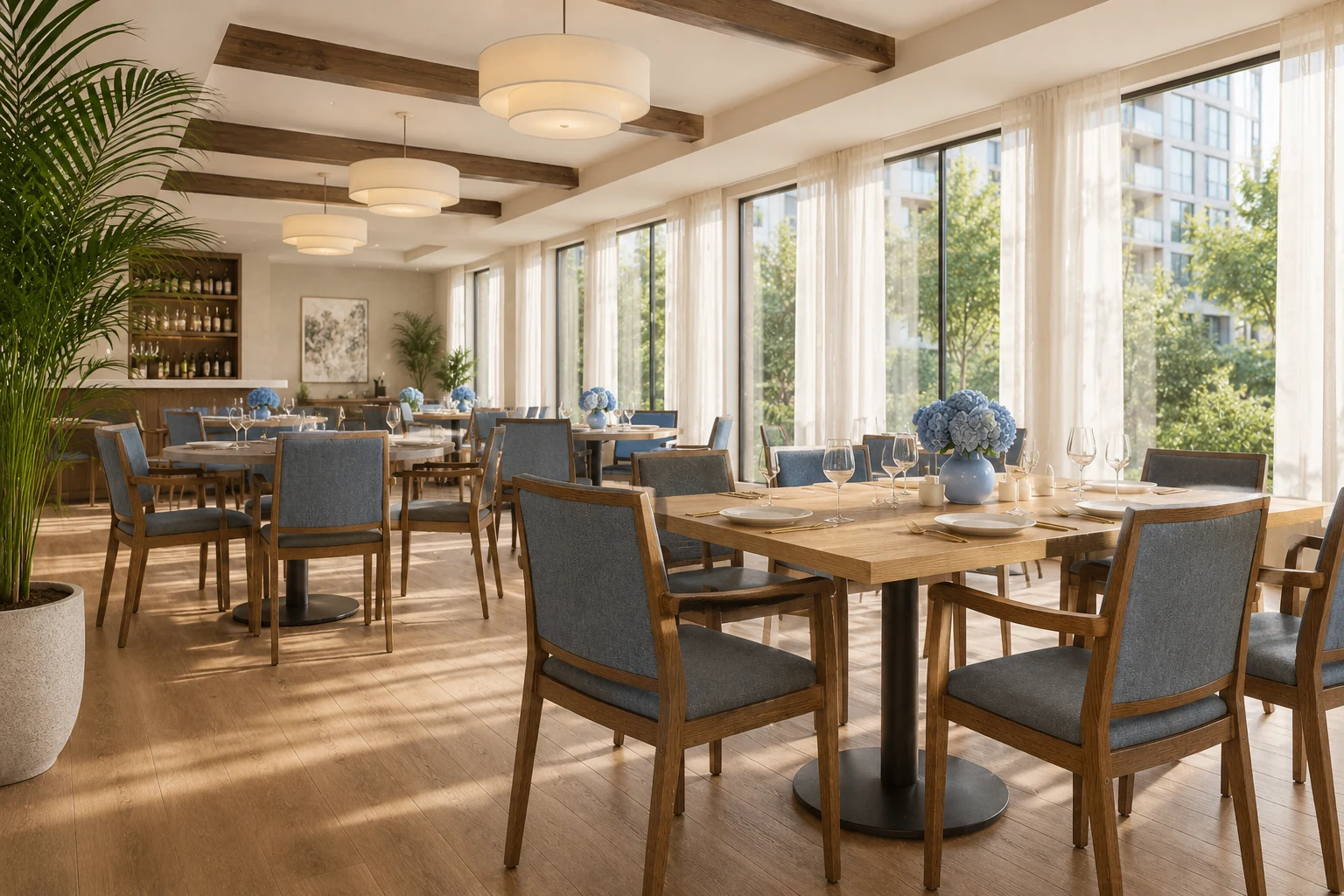 Wood-Look Metal Senior Living Dining Armchair application scene