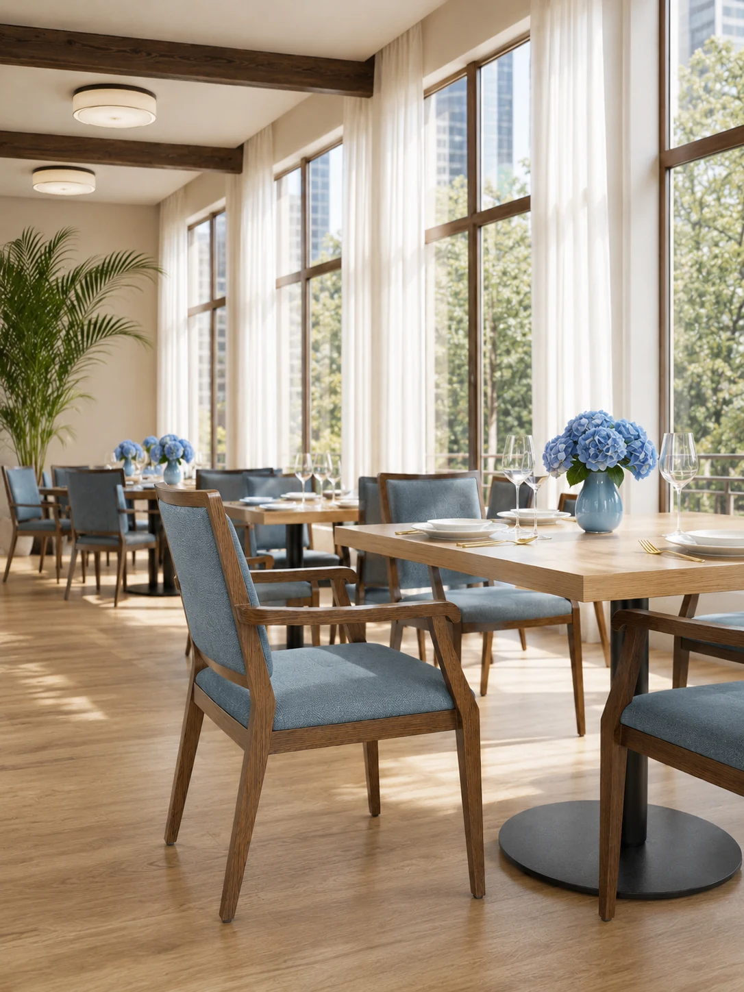 Wood-Look Metal Senior Living Dining Armchair application scene