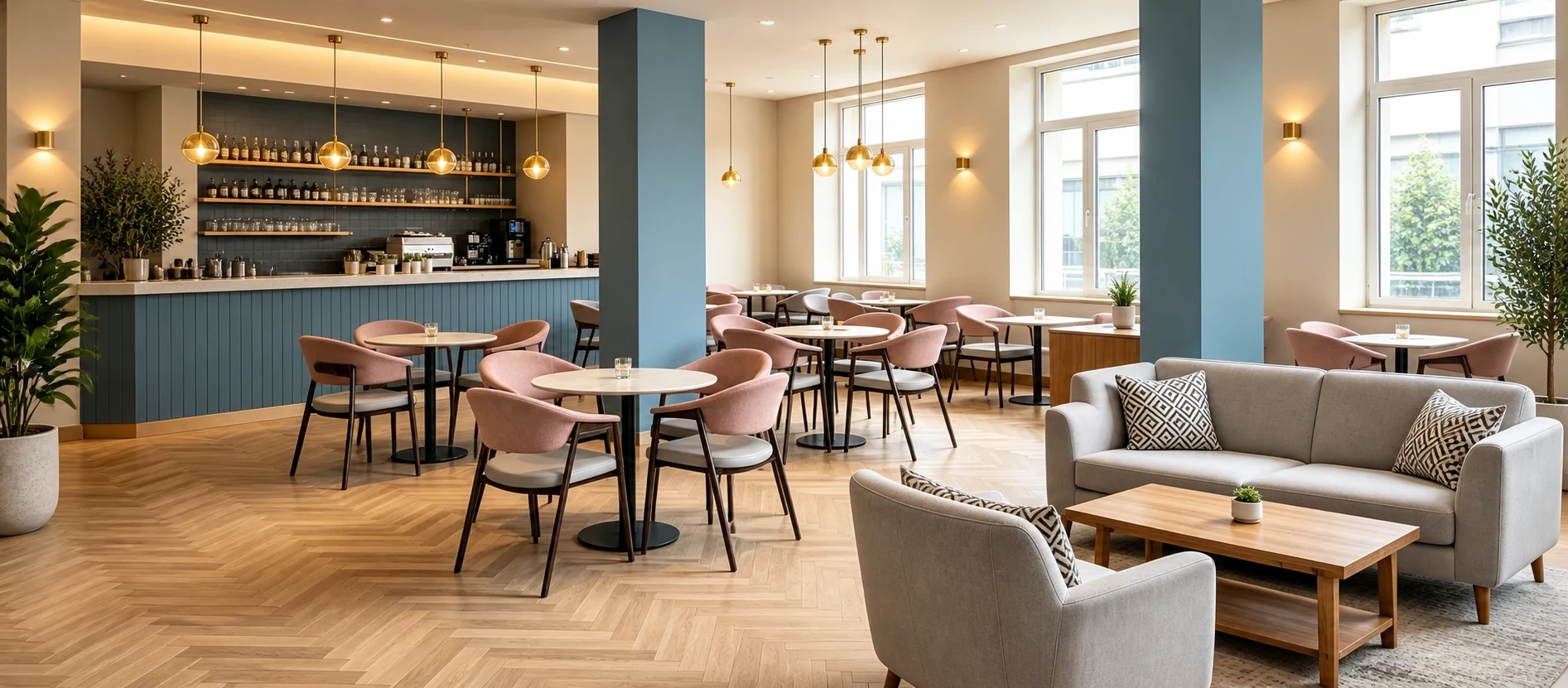 Upholstered Wood-Look Metal Commercial Restaurant Chair for Restaurants application scene