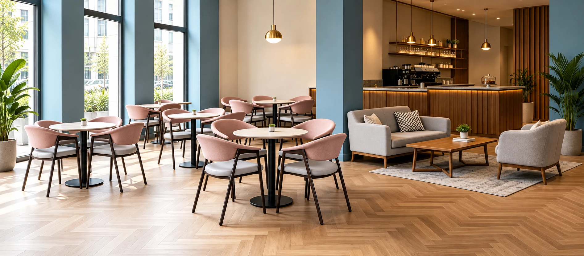 Upholstered Wood-Look Metal Commercial Restaurant Chair for Restaurants application scene