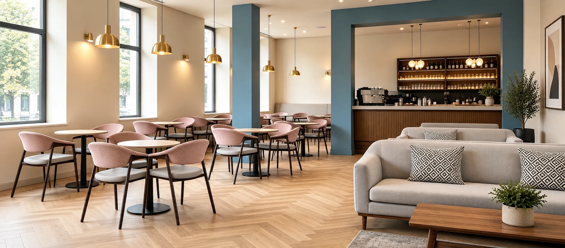 Upholstered Wood-Look Metal Commercial Restaurant Chair for Restaurants application scene