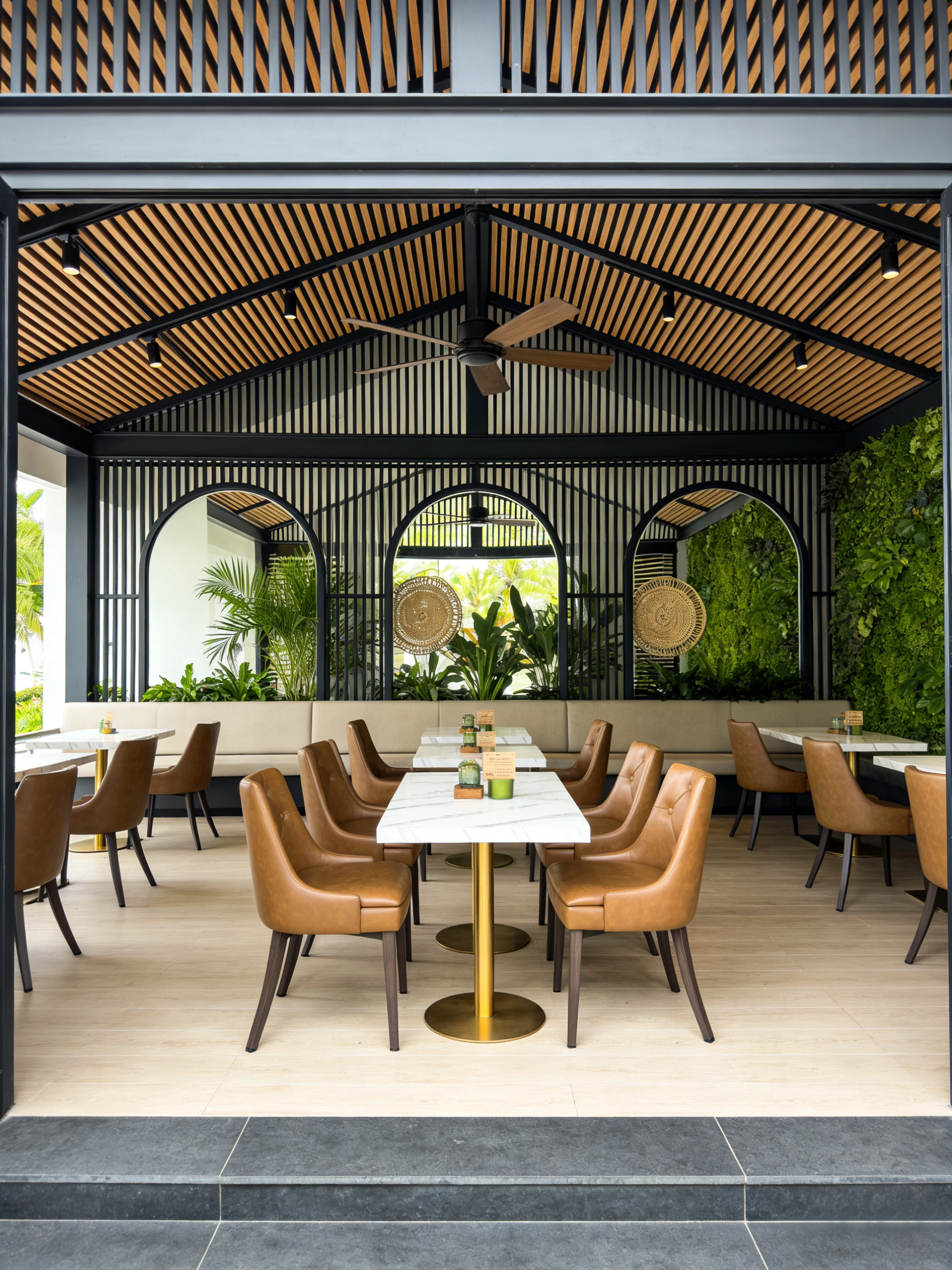 Button-Tufted Wood-Look Metal Commercial Restaurant Chair application scene