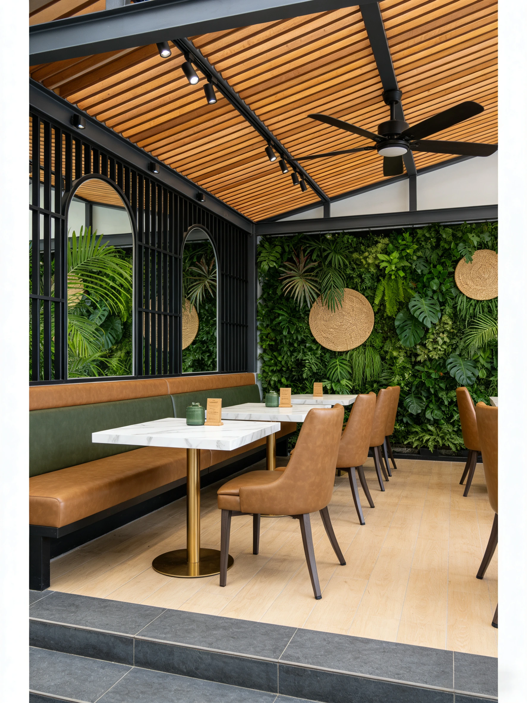 Button-Tufted Wood-Look Metal Commercial Restaurant Chair application scene