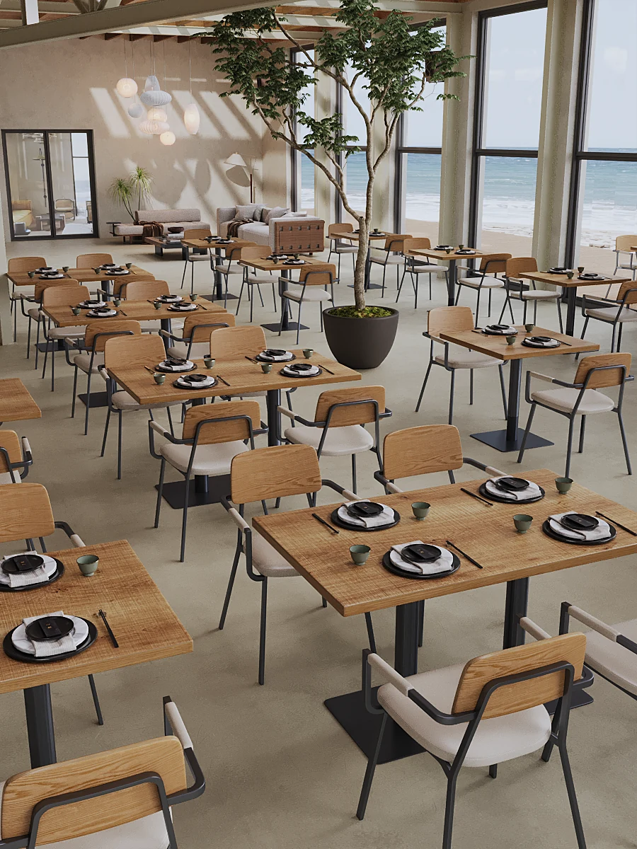 Wood-Grain Square Pedestal Restaurant Table application scene