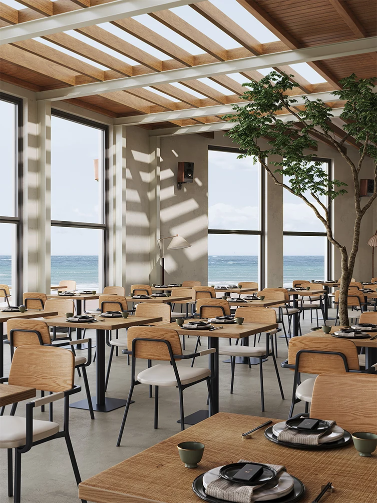 Wood-Grain Square Pedestal Restaurant Table application scene