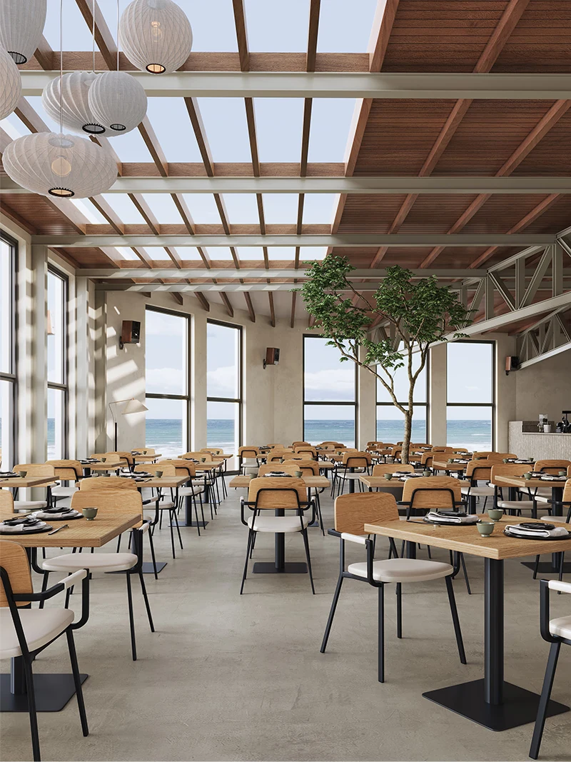 Wood-Grain Square Pedestal Restaurant Table application scene