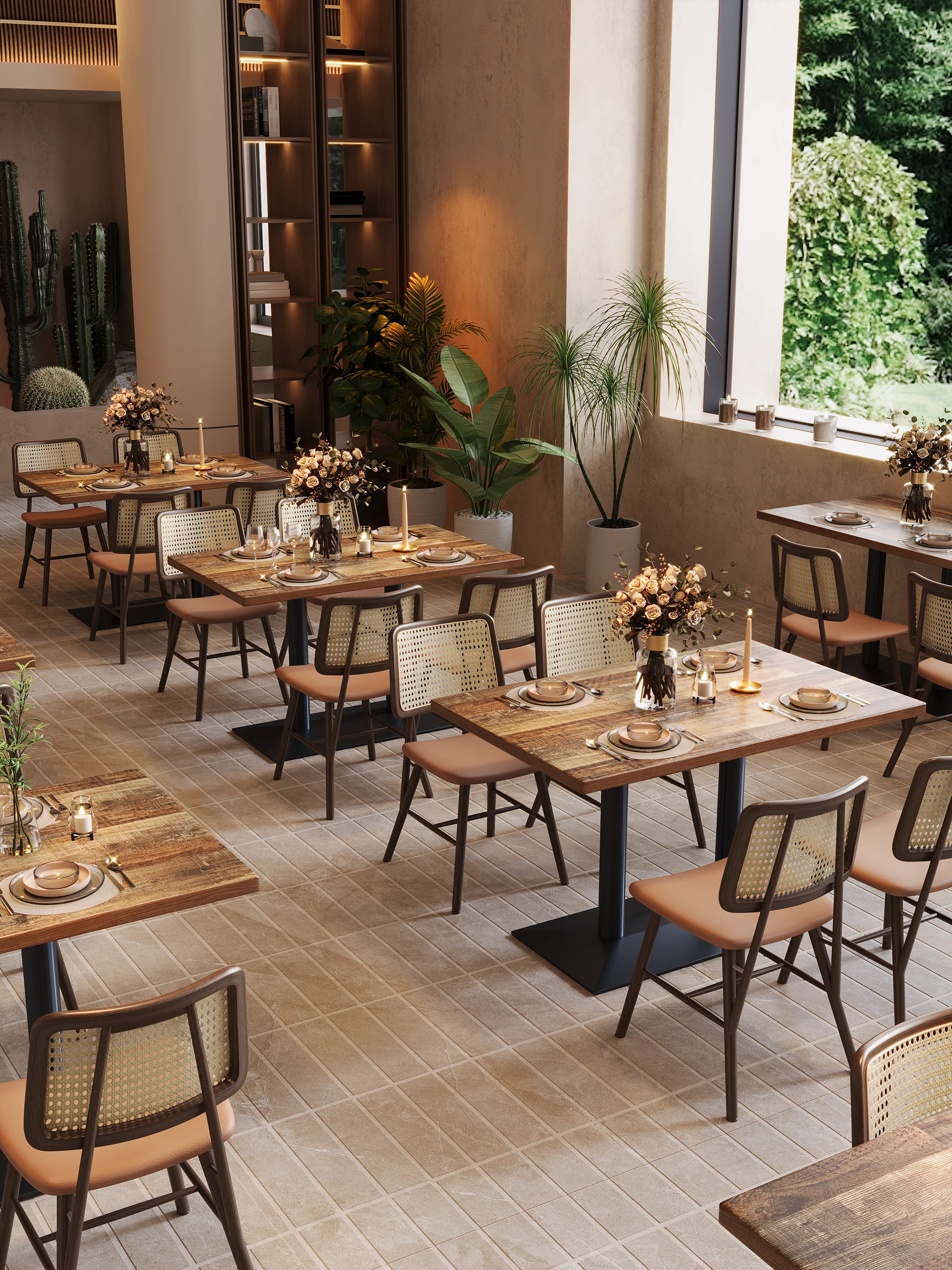 Wood-Grain Round-Base Restaurant Table application scene