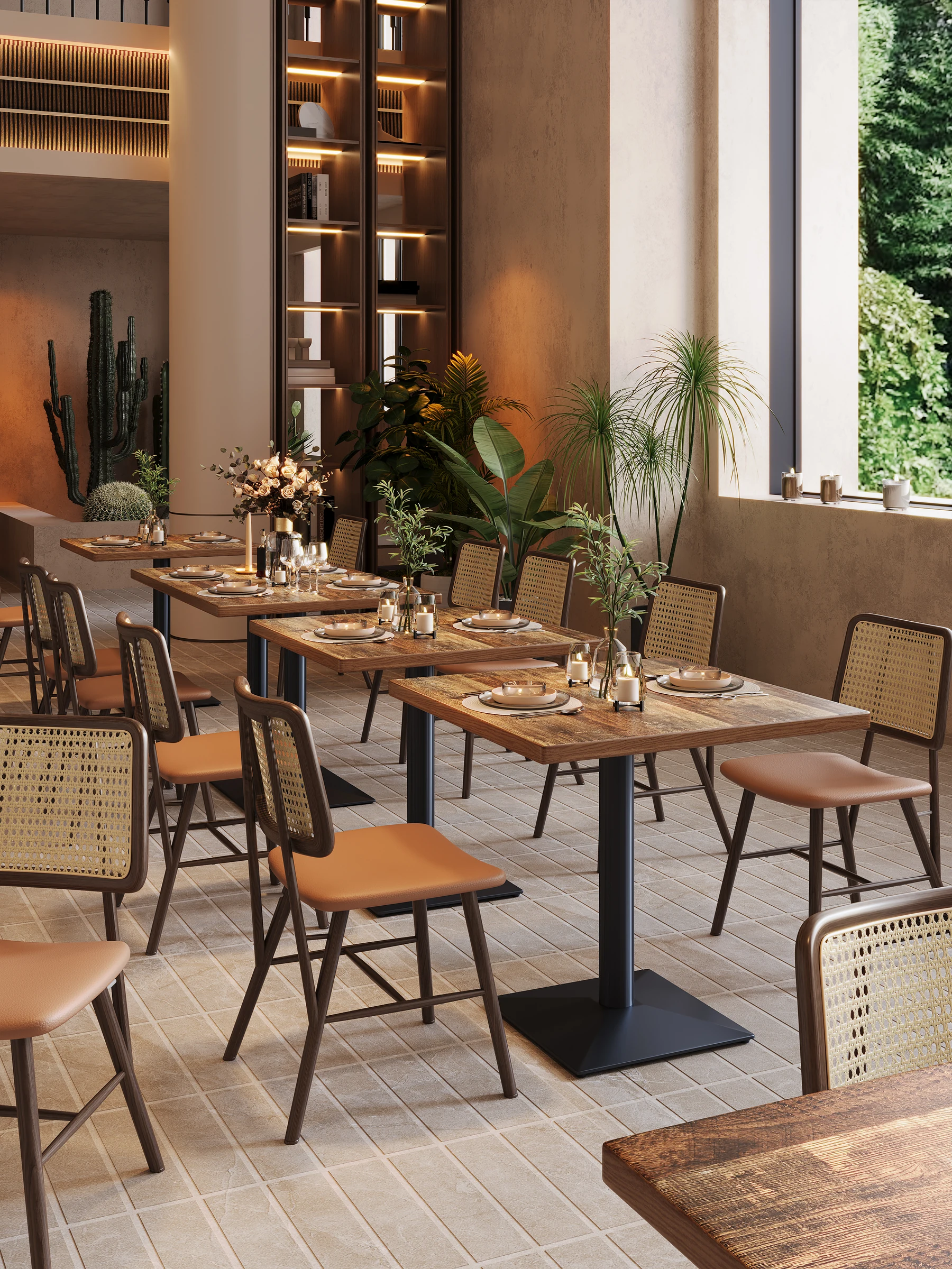 Wood-Grain Round-Base Restaurant Table application scene