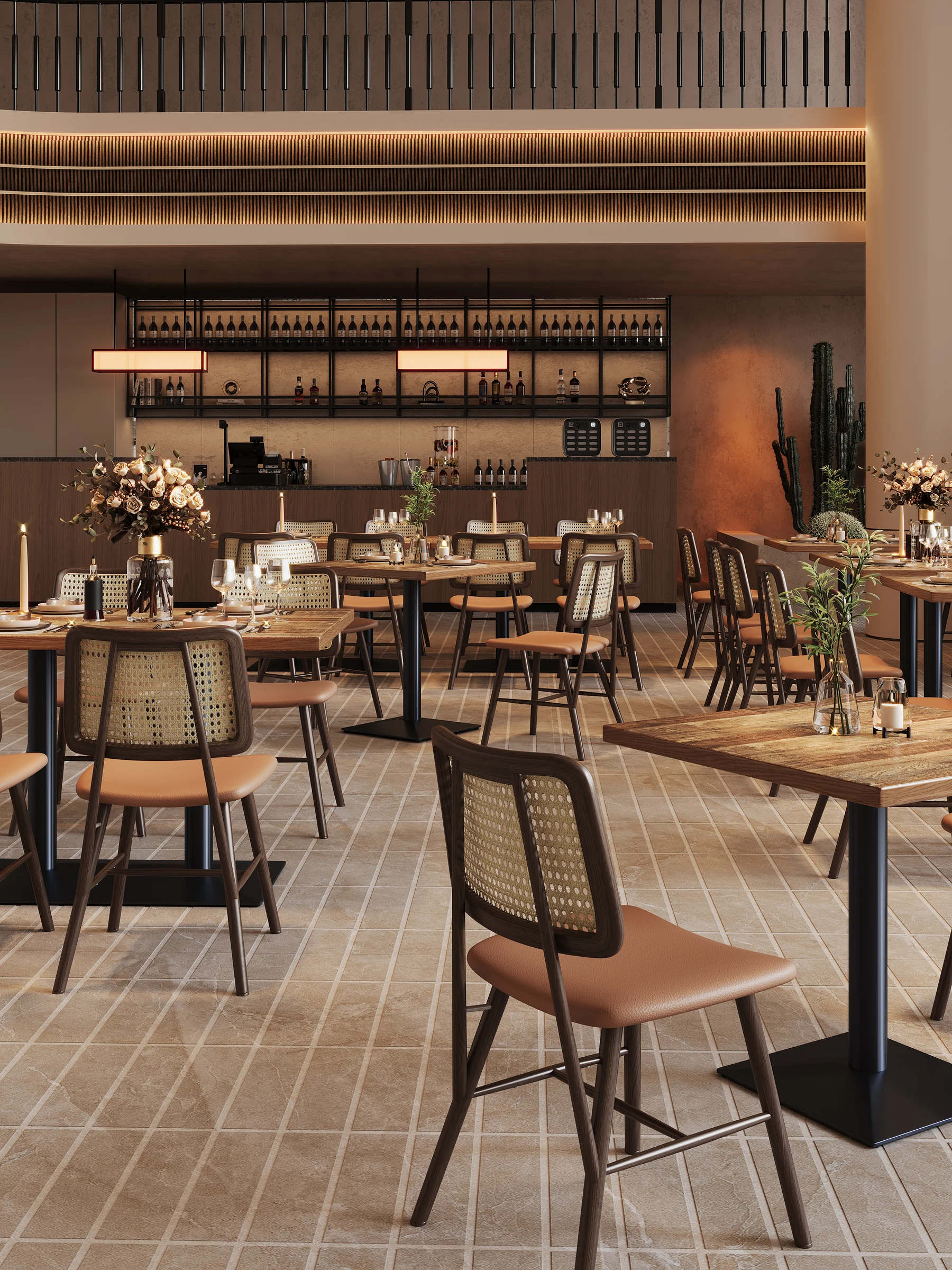 Wood-Grain Round-Base Restaurant Table application scene