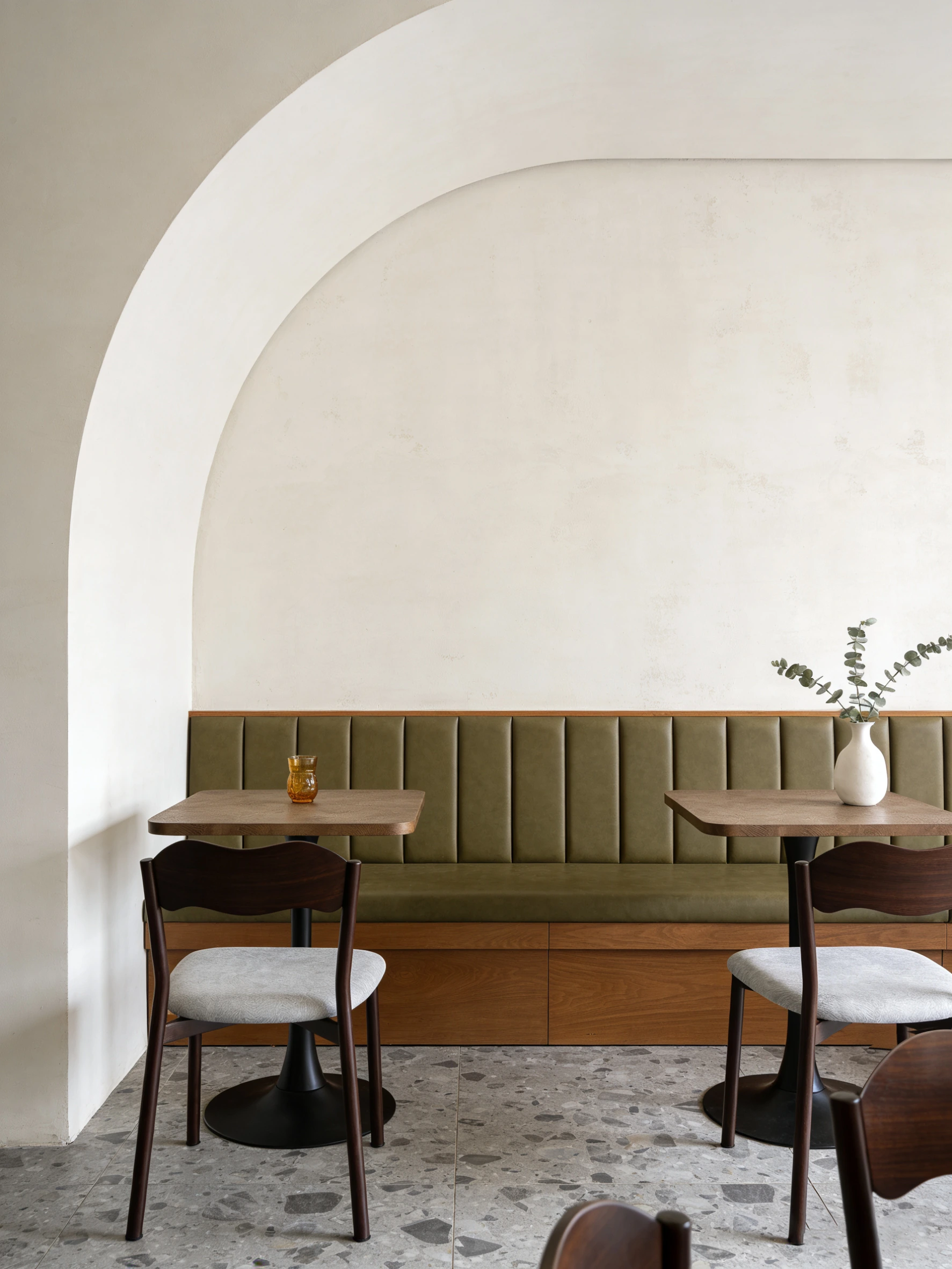 Rounded Wood-Grain Pedestal Restaurant Table application scene