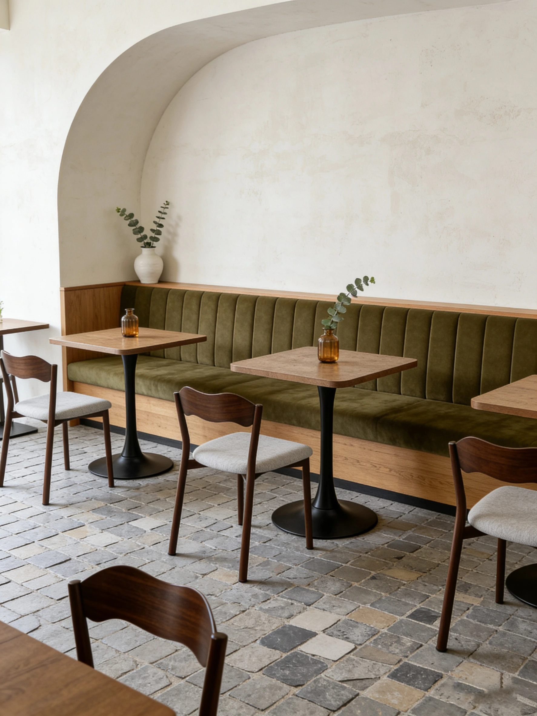 Rounded Wood-Grain Pedestal Restaurant Table application scene